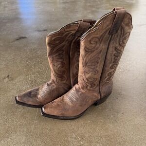 J.B. Dillon Boots Womens Size 6.5 Brown Western Leather Mid Calf Square Toe
